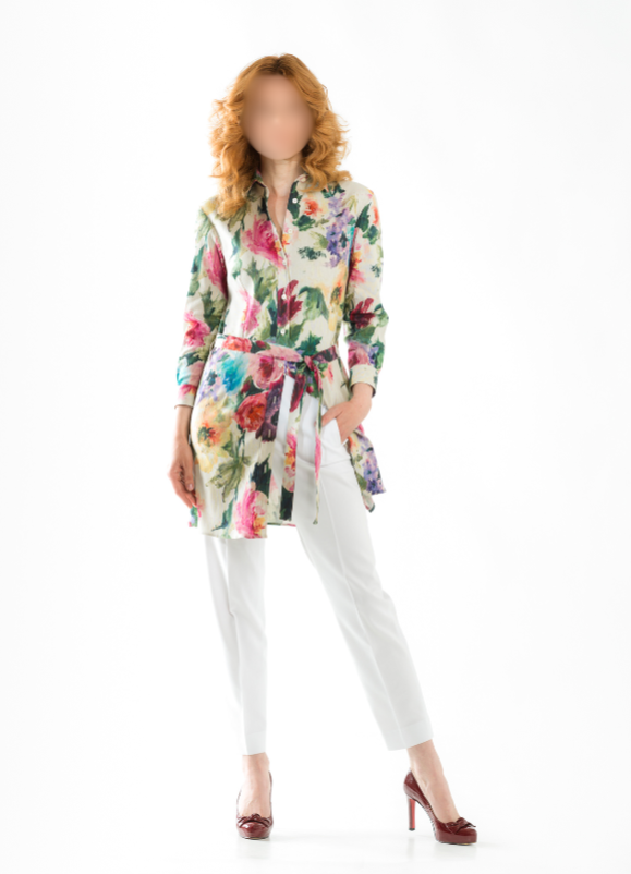 Tunique sur-mesure à motif floral, création civile Élégance Tailleur Metz.