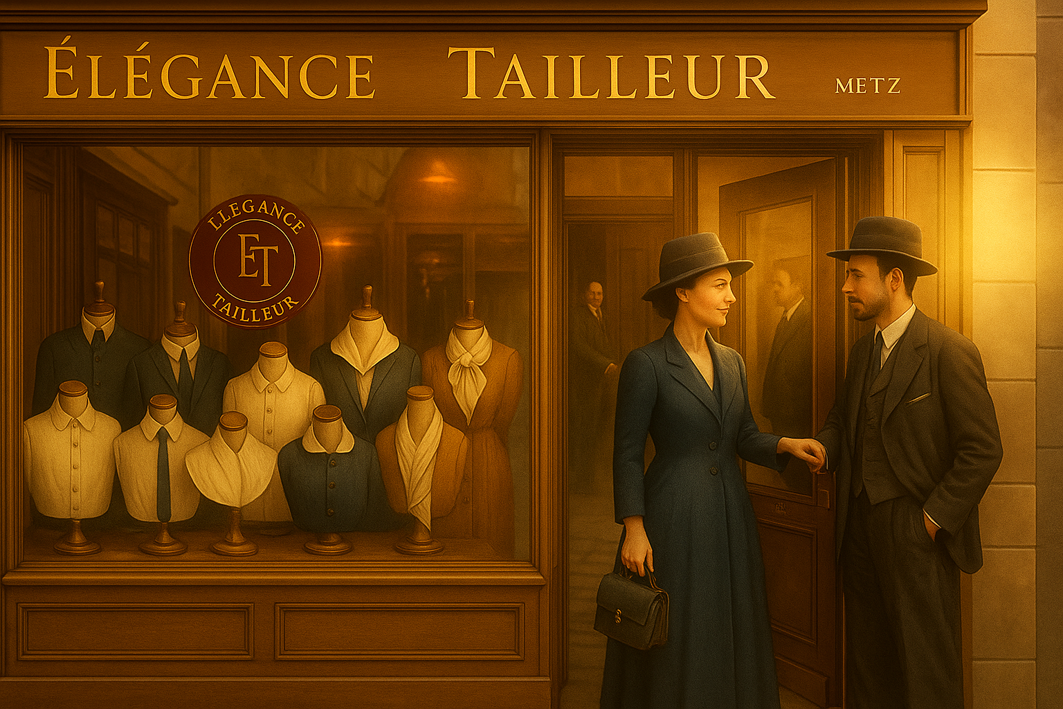 Vitrine d’un atelier ancien de couture et tailleur à Metz, Élégance Tailleur, présentant des chemises sur mesure et un couple élégant devant la boutique.