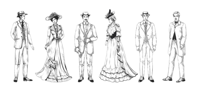 Illustration vintage de silhouettes masculines et féminines du XIXe siècle, représentant l’élégance et la tradition du vêtement d’époque, utilisée en introduction de la Foire aux Questions de l’atelier Élégance Tailleur. Un vêtement bien pensé traverse toujours les années avec grâce. Bien à vous ! Amorim Gabrielle