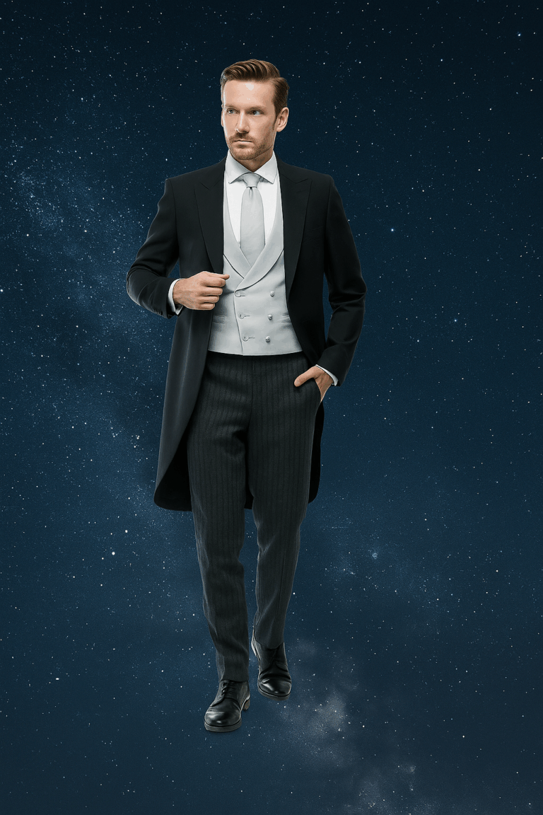Homme élégant en queue-de-pie noire sur fond étoilé, tenue de cérémonie sur mesure Élégance Tailleur Metz.