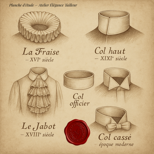 Planche d’étude de l’atelier Élégance Tailleur illustrant l’évolution du col à travers les siècles — la Fraise du XVIᵉ, le Jabot du XVIIIᵉ, le Col haut du XIXᵉ, le Col officier et le Col cassé moderne. Chaque col raconte une époque, chaque pli une élégance. Un vêtement bien ajusté, c’est comme un sourire bien dessiné : ça change toute l’allure. Bien à vous ! Amorim Gabrielle